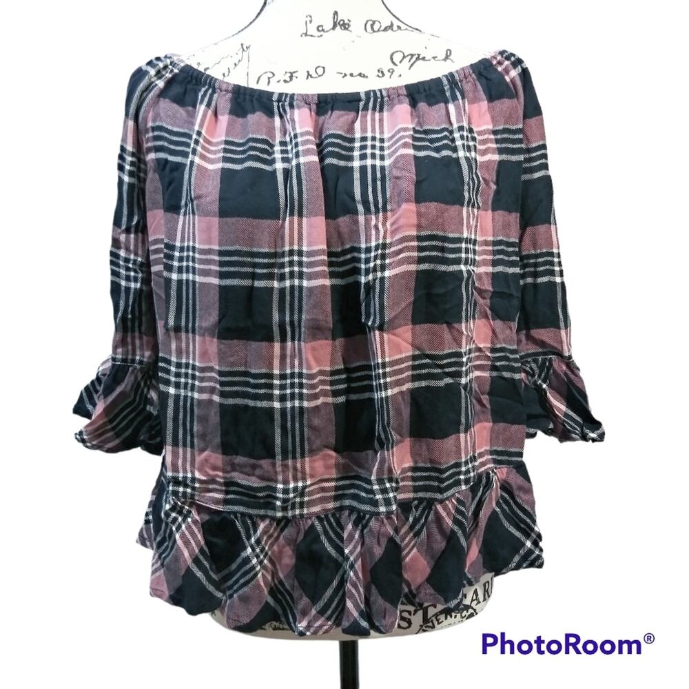 BeachLunchLounge Off the Shoulder Ruffle Plaid Top Spring Casual Size M